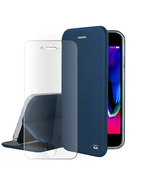 iPhone 7/8/SE (2020) Etui Cuir Folio + Verre Trempé 9H - Bleu | Ibroz