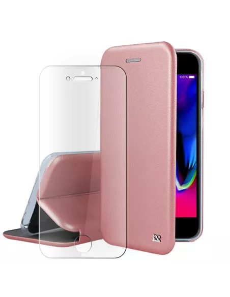 iPhone 7/8/SE (2020) Etui Cuir Folio + Verre Trempé 9H - Rose Gold ...