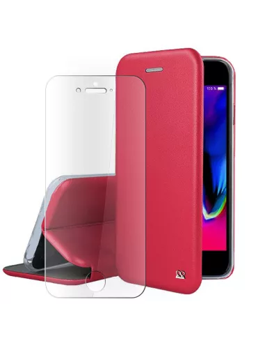 iPhone 7/8/SE (2020) Etui Cuir Folio + Verre Trempé 9H - Rouge | Ibroz