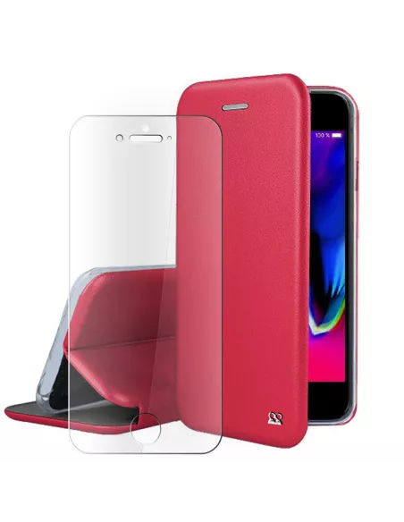 iPhone 7/8/SE (2020) Folio Leather Case + 9H Tempered Glass - Red | Ibroz