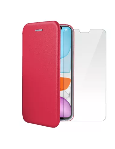 iPhone 11 Etui Cuir Folio + Protection écran Verre Trempé 9H - Roug...
