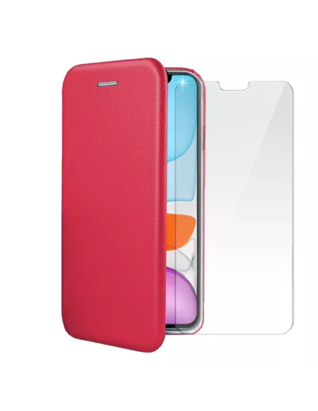 iPhone 11 Etui Cuir Folio + Protection écran Verre Trempé 9H - Roug...