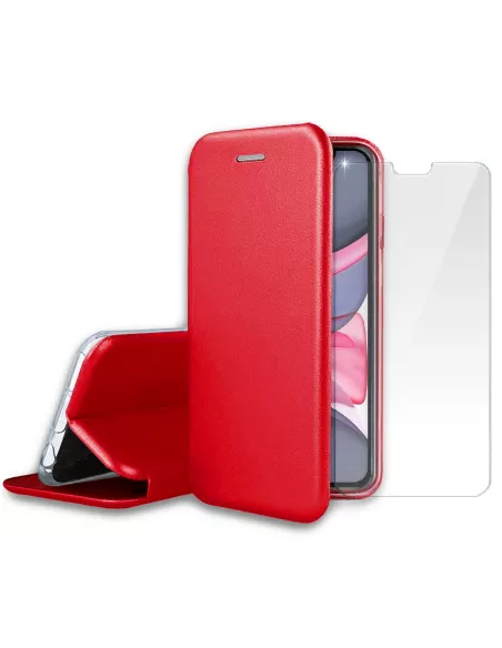 iPhone 11 Etui Cuir Folio + Protection écran Verre Trempé 9H - Roug...