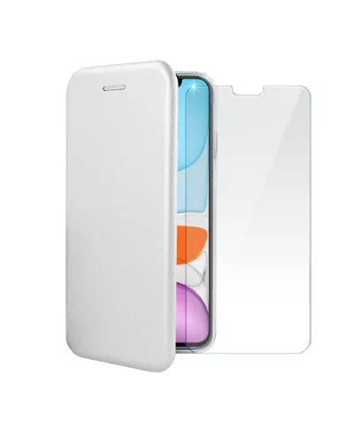 iPhone 11 Folio Leather Case + 9H Tempered Glass Screen Protector - White...