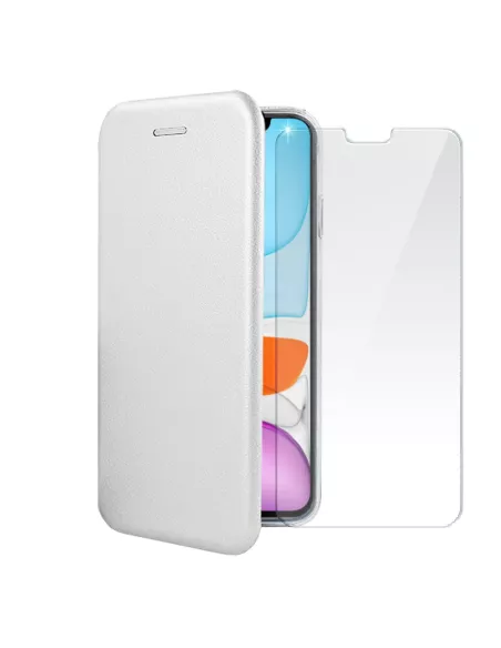 iPhone 11 Folio Leather Case + 9H Tempered Glass Screen Protector - White...