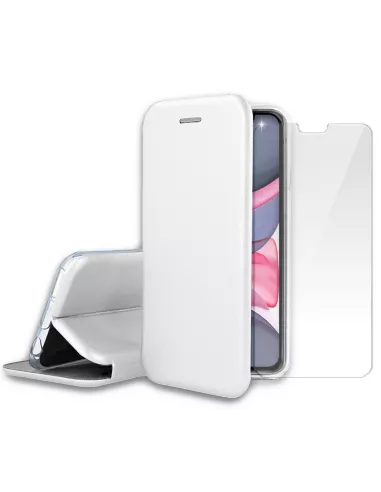 iPhone 11 Folio Leather Case + 9H Tempered Glass Screen Protector - White...