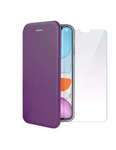 iPhone 11 Folio Leather Case + 9H Tempered Glass Screen Protector - Viol...