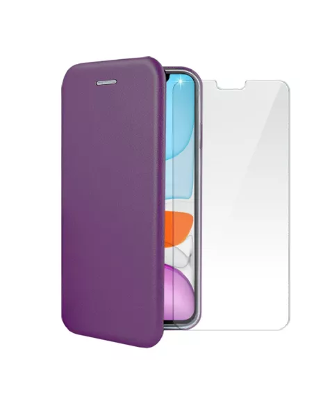 iPhone 11 Folio Leather Case + 9H Tempered Glass Screen Protector - Viol...