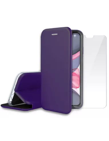 iPhone 11 Folio Leather Case + 9H Tempered Glass Screen Protector - Viol...