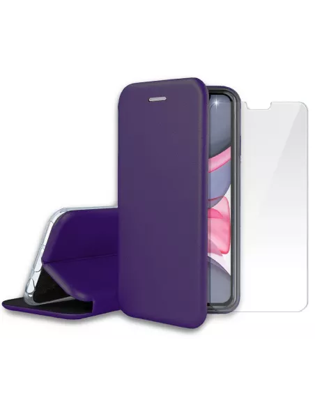 iPhone 11 Folio Leather Case + 9H Tempered Glass Screen Protector - Viol...