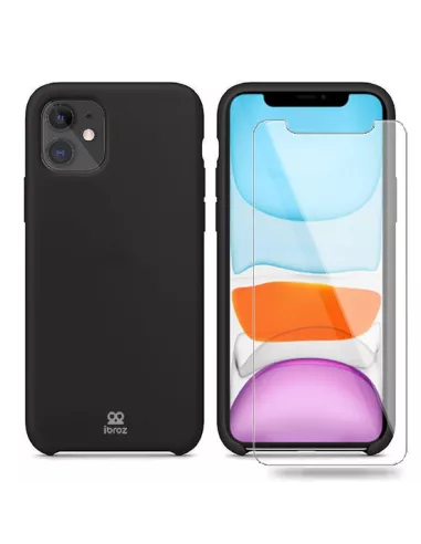 iPhone 11 Coque Liquid Silicone + Verre trempé - Noir | Ibroz
