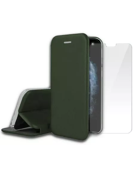iPhone 11 Pro Max Folio Leather Case + 9" Tempered Glass Screen Protector...