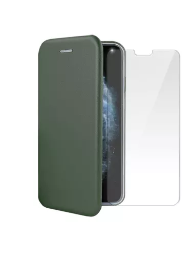 iPhone 11 Pro Max Folio Leather Case + 9" Tempered Glass Screen Protector...