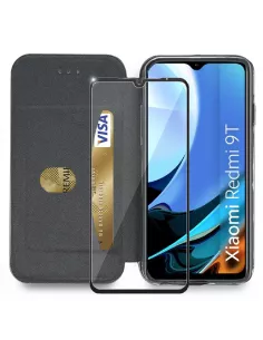 Xiaomi Redmi 9T Etui Cuir Folio Clam + Verre Trempé 9H - Noir | Ibroz 2