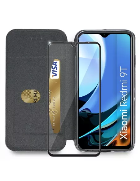 Xiaomi Redmi 9T Etui Cuir Folio Clam + Verre Trempé 9H - Noir | Ibroz