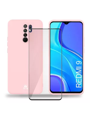 Xiaomi Redmi 9 Coque Liquid Silicone Soft Touch rose + Verre Trempé...
