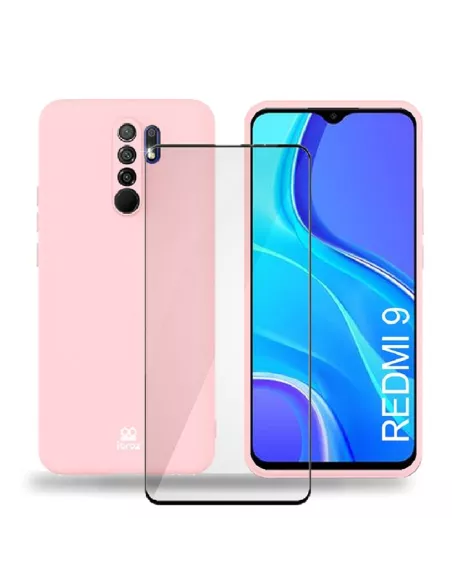Xiaomi Redmi 9 Coque Liquid Silicone Soft Touch rose + Verre Trempé...
