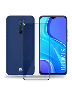 Xiaomi Redmi 9 Liquid Silicone Cover Soft Touch blue + Tempered Glass...