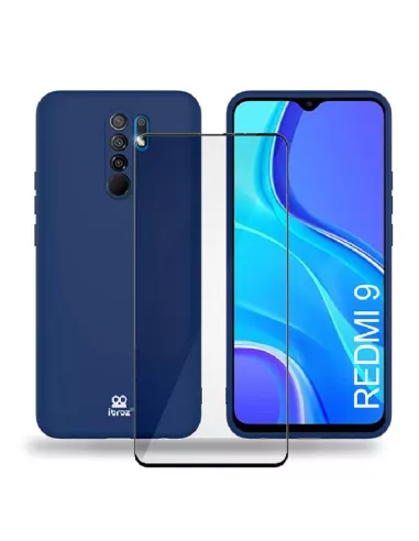 Xiaomi Redmi 9 Coque Liquid Silicone Soft Touch bleu + Verre Trempé...
