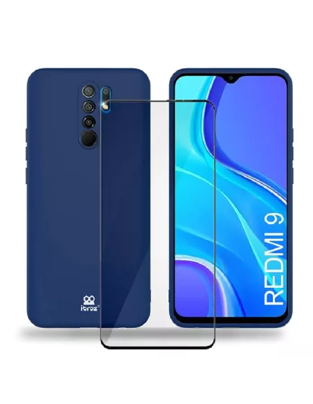 Xiaomi Redmi 9 Coque Liquid Silicone Soft Touch bleu + Verre Trempé...