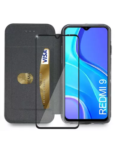 Xiaomi Redmi 9 Folio Clam Leather Case + 9H Tempered Glass - Black | Ibroz