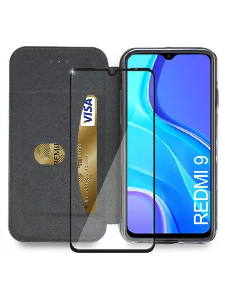 Xiaomi Redmi 9 Folio Clam Leather Case + 9H Tempered Glass - Blue | Ibroz