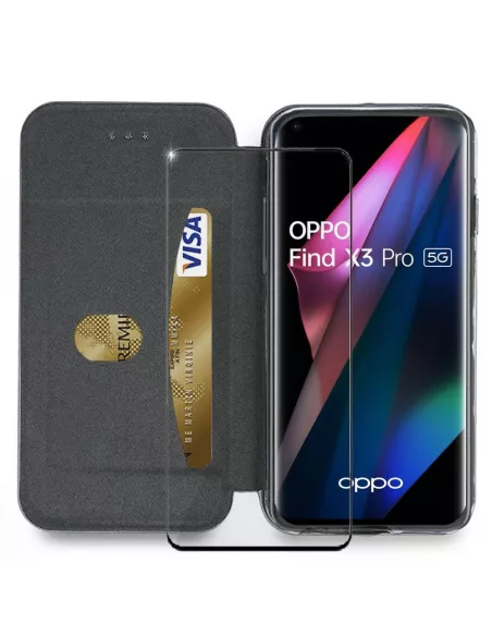 Oppo Find X3 Pro Etui Cuir Folio Clam + Verre Trempé 9H - Rose Gold...