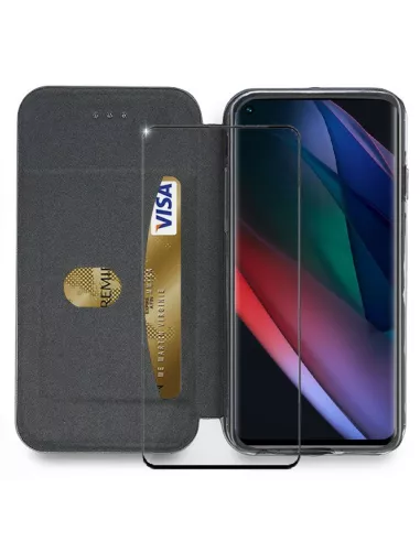 Oppo Find X3 Neo Leather Case Folio Clam + Tempered Glass 9H - Black | Ibroz