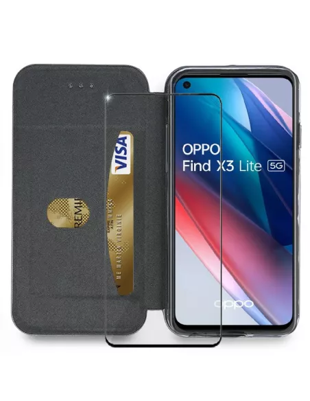 Oppo Find X3 Lite Folio Clam Leather Case - + 9H Tempered Glass - Black |...