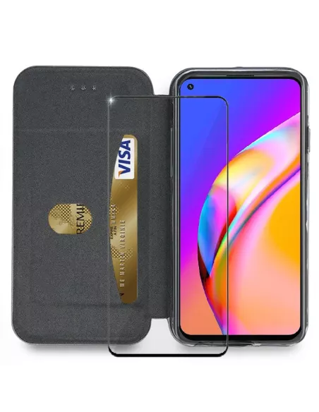 Oppo A94 Etui Cuir Folio Clam + Verre Trempé - Noir | Ibroz