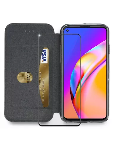 Oppo A94 Etui Cuir Folio Clam + Verre Trempé - Bleu | Ibroz