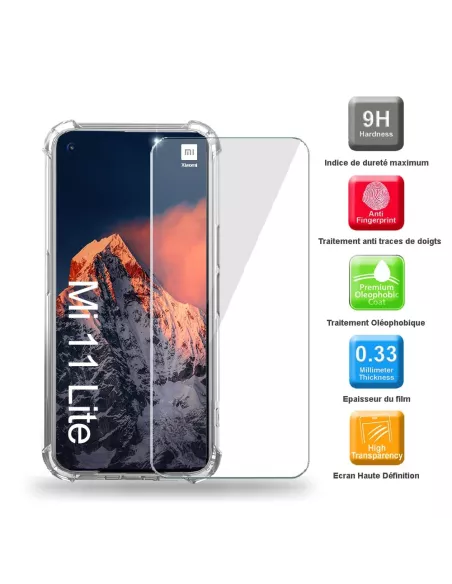 Xiaomi Mi 11 Lite Pack Coque antichocs + Protection écran 9H - Tran...
