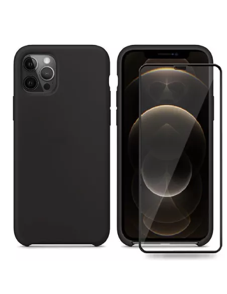 iPhone 12 Pro Max Coque Liquid Silicone + Verre trempé - Noir | Ibroz