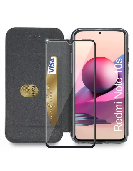 Xiaomi Redmi Note 10s Folio Clam Leather Case + 9H Tempered Glass - Black...