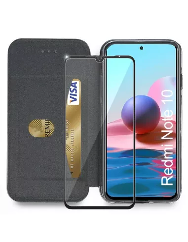 Xiaomi Redmi Note 10 Etui Cuir Folio Clam + Verre Trempé 9H - Noir ...
