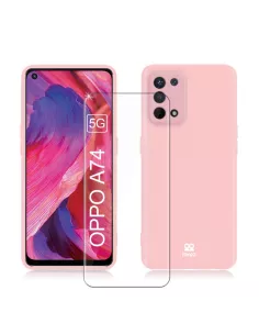 Oppo A74 Liquid Silicone Case + 9H Tempered Glass - Pink | Ibroz