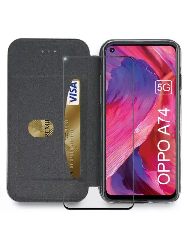 Oppo A74 Etui Cuir Folio Clam + Verre Trempé - Bleu Cosmos | Ibroz