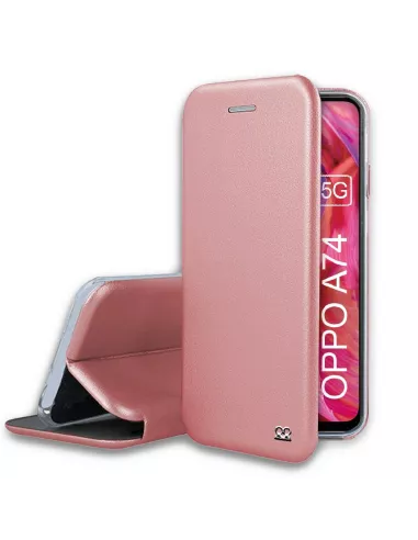 Oppo A74 Etui Cuir Folio Clam + Verre Trempé - Rose Gold | Ibroz