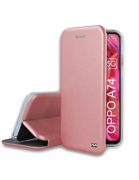 Oppo A74 Folio Clam Leather Case + Tempered Glass - Rose Gold | Ibroz