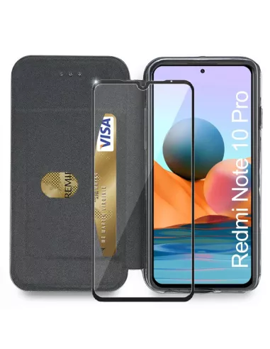 Xiaomi Redmi Note 10 Pro Etui Cuir Folio Clam + Verre Trempé 9H - N...