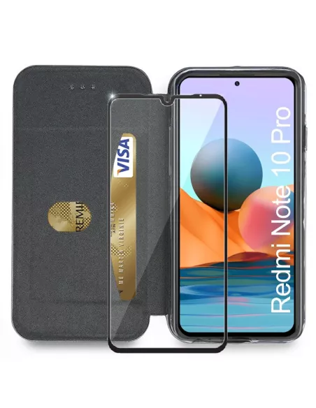 Xiaomi Redmi Note 10 Pro Etui Cuir Folio Clam + Verre Trempé 9H - R...