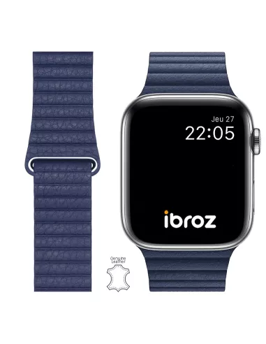 Bracelet en Cuir véritable Apple Watch 7, 6, SE, 5, 4, 3 - Bleu Mar...
