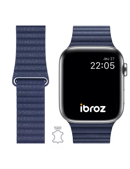 Bracelet en Cuir véritable Apple Watch 7, 6, SE, 5, 4, 3 - Bleu Mar...