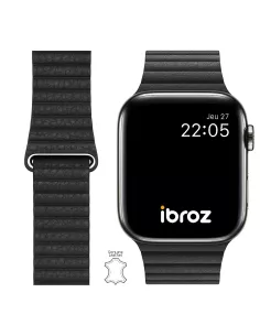 Bracelet en Cuir véritable Apple Watch 7, 6, SE, 5, 4, 3 - Noir | I...