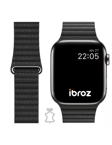 Bracelet en Cuir véritable Apple Watch 7, 6, SE, 5, 4, 3 - Noir | I...