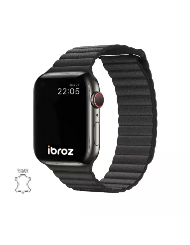 Bracelet en Cuir véritable Apple Watch 7, 6, SE, 5, 4, 3 - Noir | I...